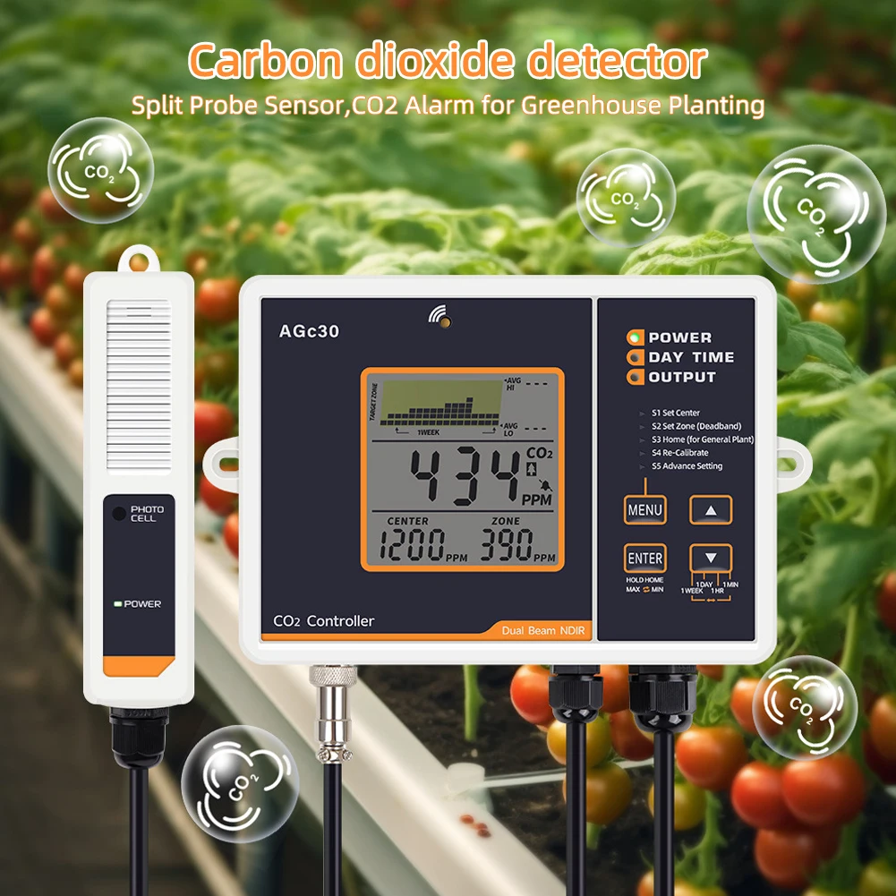 CO2 Controller Monitor AGc30 With NDIR Sensor For Greenhouse Hydroponics Ventilation System 5000ppm LCD Display Timer Auto