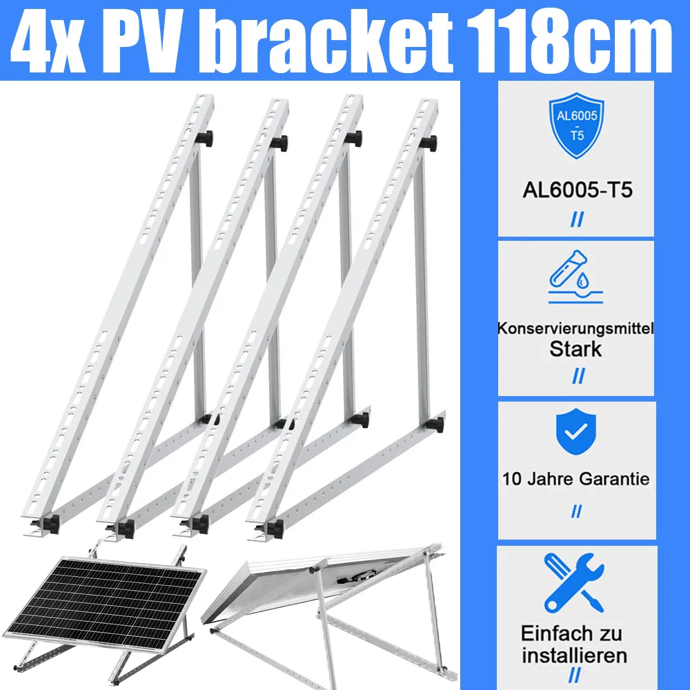 4X 118cm aluminium zonnemodulebeugel met 0-90 ° Verstelbare, stroomverhogende PV-beugel, corrosiebestendig, eenvoudig te monteren, complete accessoires voor buitengebruik.