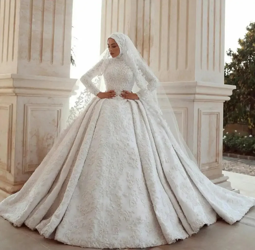 Elegante baljurk moslim trouwjurken lange mouwen kant kralen bruidsjurken robe de marée plus size Arabische kerk vestidos - afbeelding 2