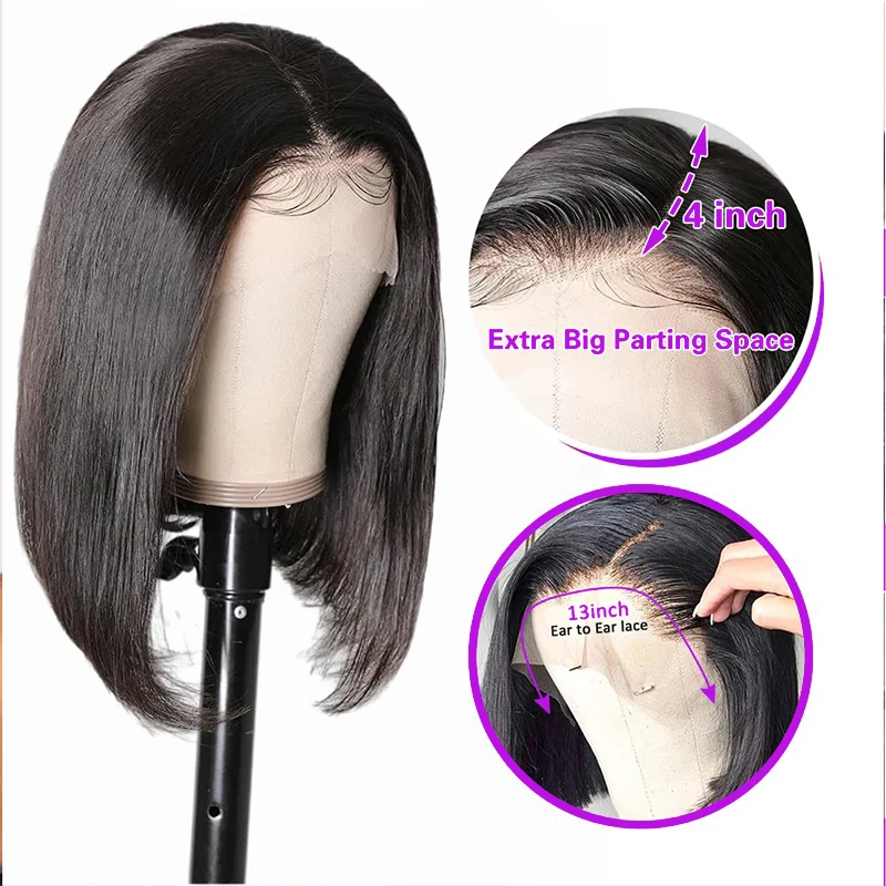 Perucas Lace Front Bob para mulheres negras, cabelo humano, perucas curtas e retas, pré arrancadas com cabelo de bebê, parte lateral, densidade de 200%, 1B, 13x4