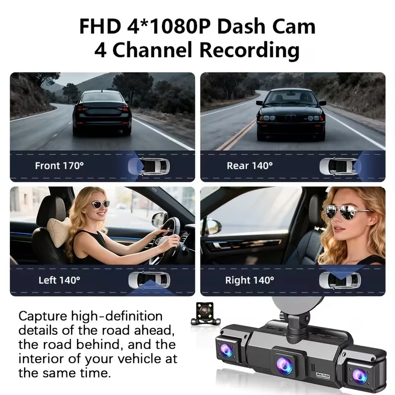 FHD 1080P 3/4-Channel 360° Dash Cam, WiFi, IR Night Vision, Loop Recording, IPS Screen, 150mAh Battery, 12-24V