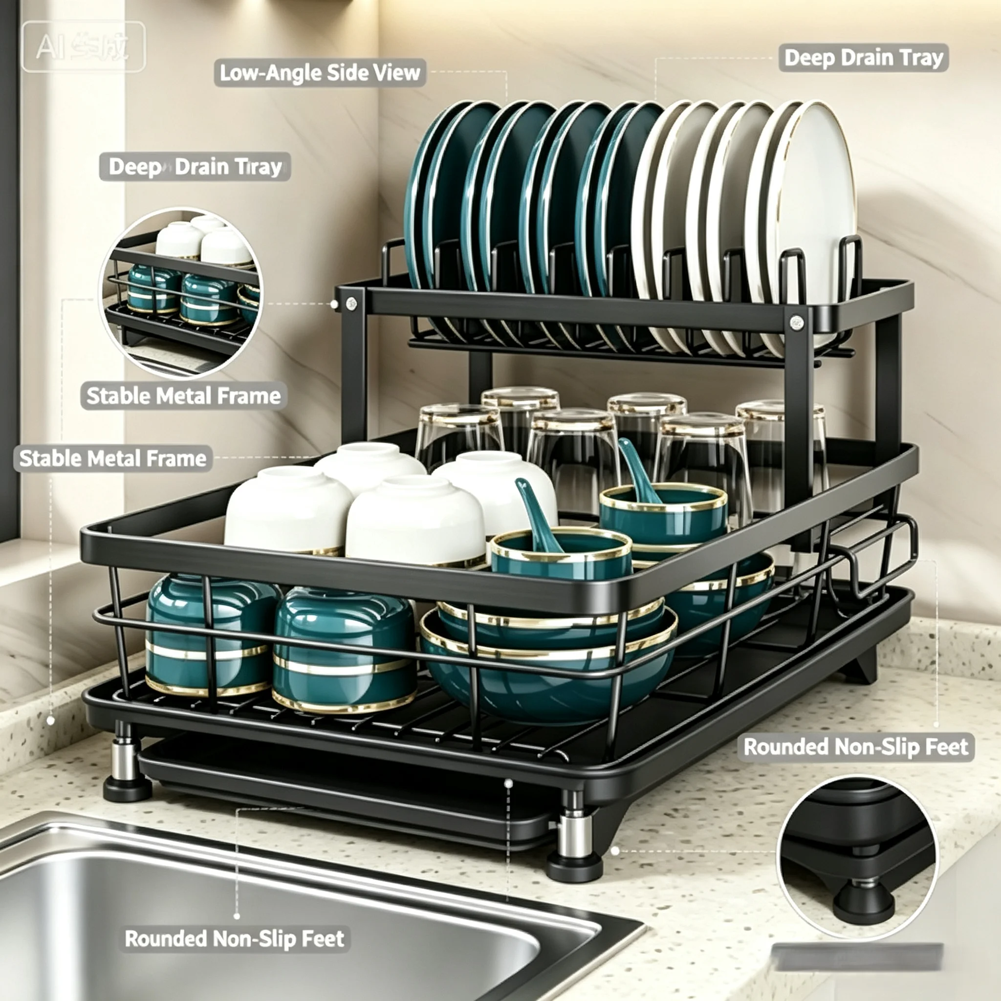 Double Layer Dish Drainer Rack, Multi-purpose Tableware Storage Holder with Drain Tray, Kitchen Dish Storage Rack for Home Use