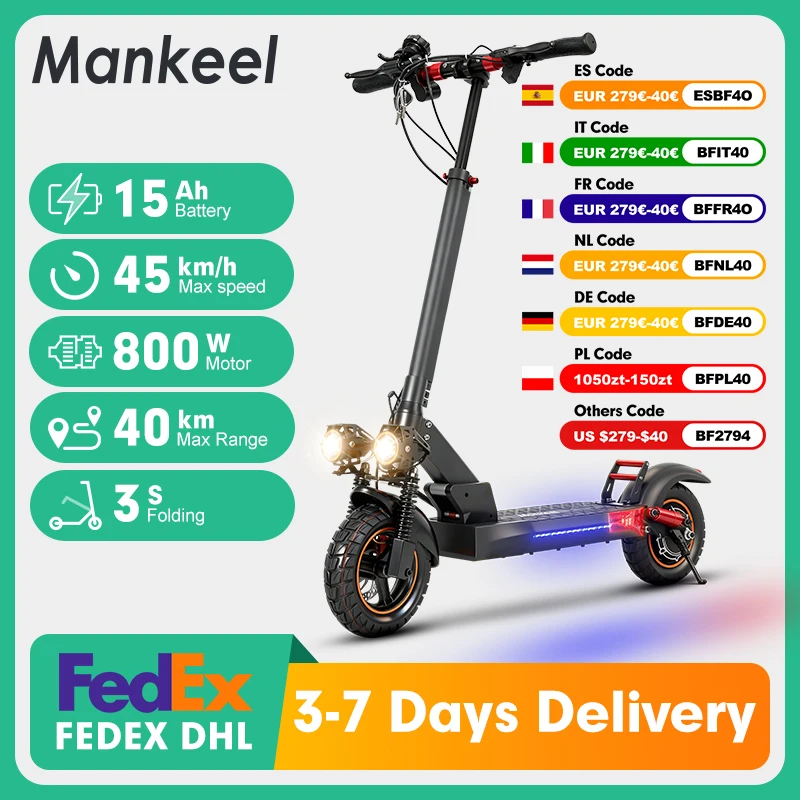 Mankeel MX-14 800W 15AH Scooter électrique 10 "pneu tout-terrain vitesse maximale 45 KM/H portée 30-40KM double absorption des chocs pliable eScooter