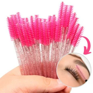 Kit 50 Escovinhas com Glitter Rosa Extensão de Cílios e Sobrancelha Descartável
