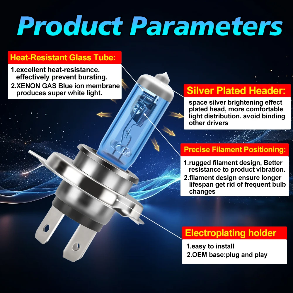 H7 H4 H1 H11 9005 9006 Halogen Headlight 9012 880 9145 H13 9007 5202 Car Light Hi/Lo Beam 6000K 12V 100W Super White Bulb 2PCS