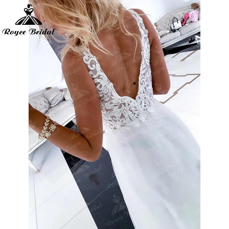 Boho V คอเซ็กซี่ Backless ลูกไม้ Appliques A-Line ชุดแต่งงานตาข่ายชุดเจ้าสาว Sweep Off ไหล่ Vestidos De Fiesta