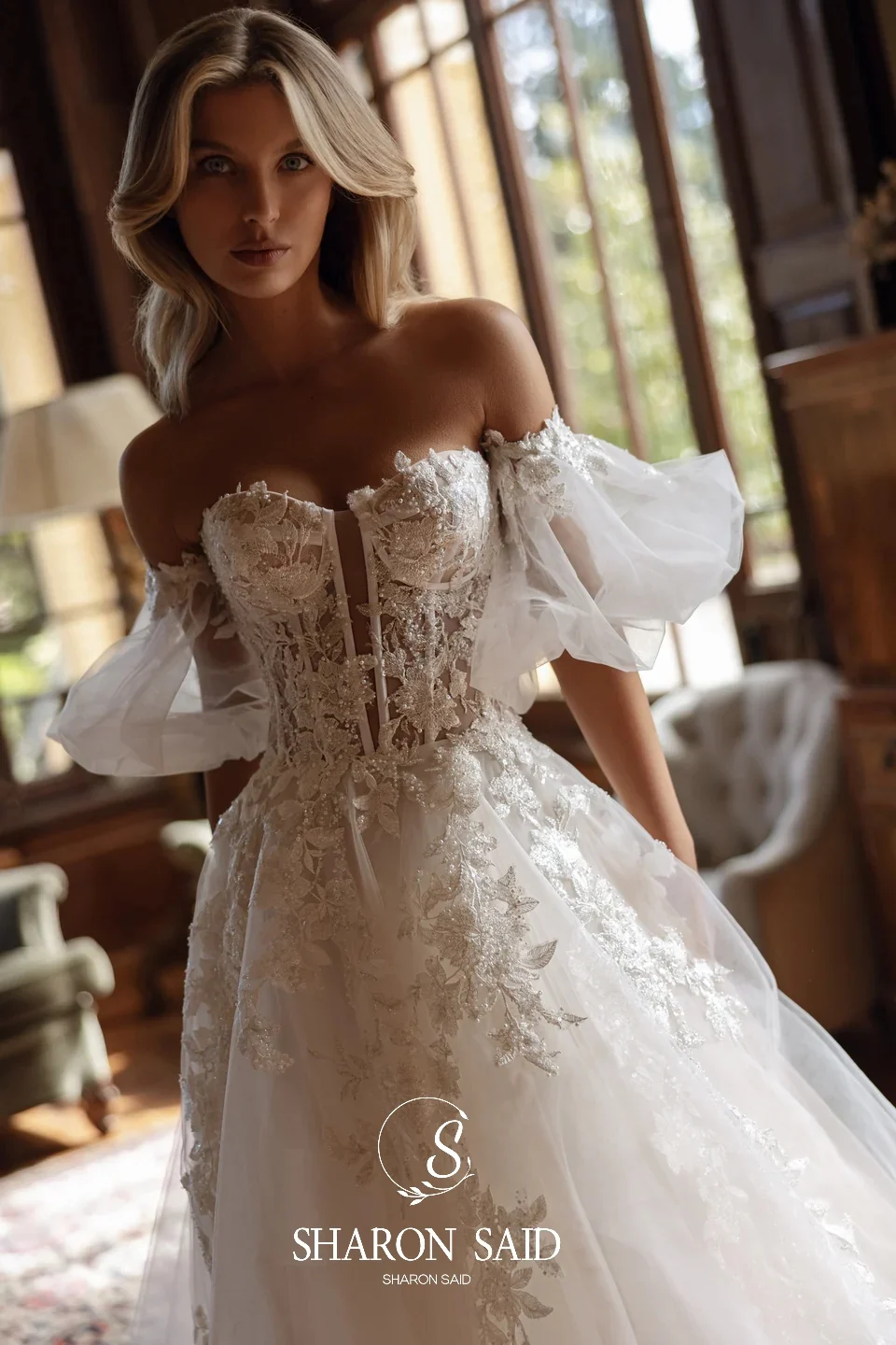 Sharon disse boêmio a linha fora branco tule vestidos de casamento 2025 querida puff manga princesa vestidos de noiva sw396 personalizado