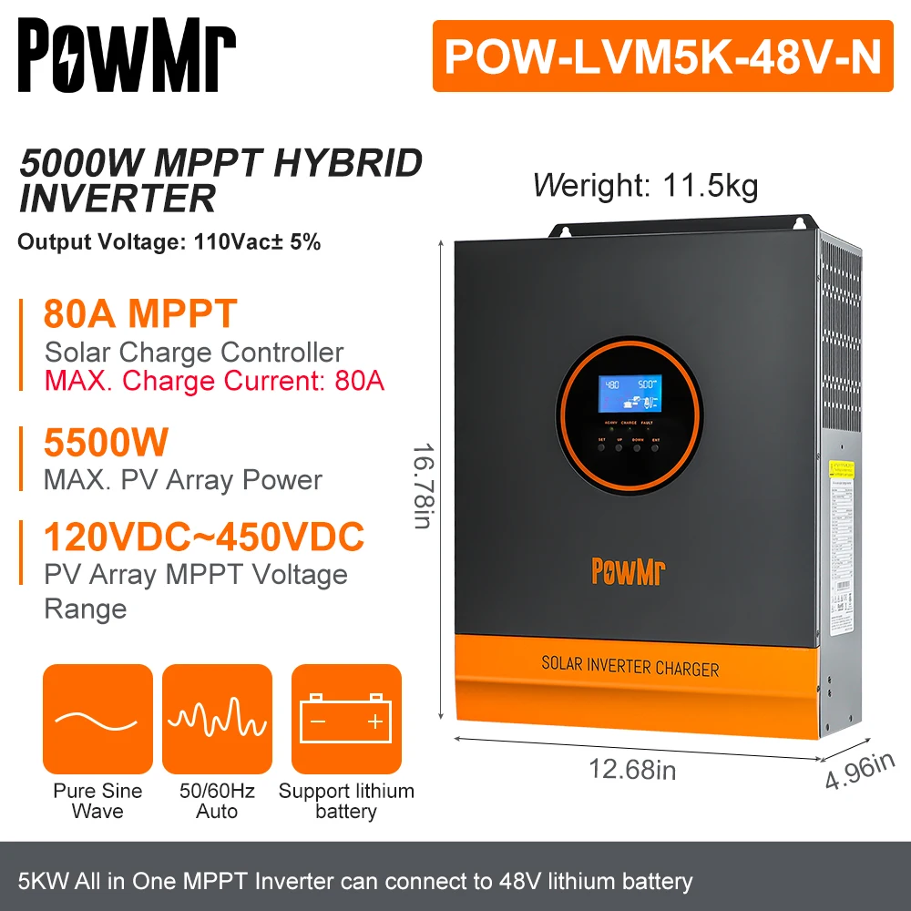 PowMr 5KW 110V Hybrid Solar Inverter Pure Sine Wave for 48V Lithium Battery Build in MPPT 80A Controller Solar Panel 120-500VDC