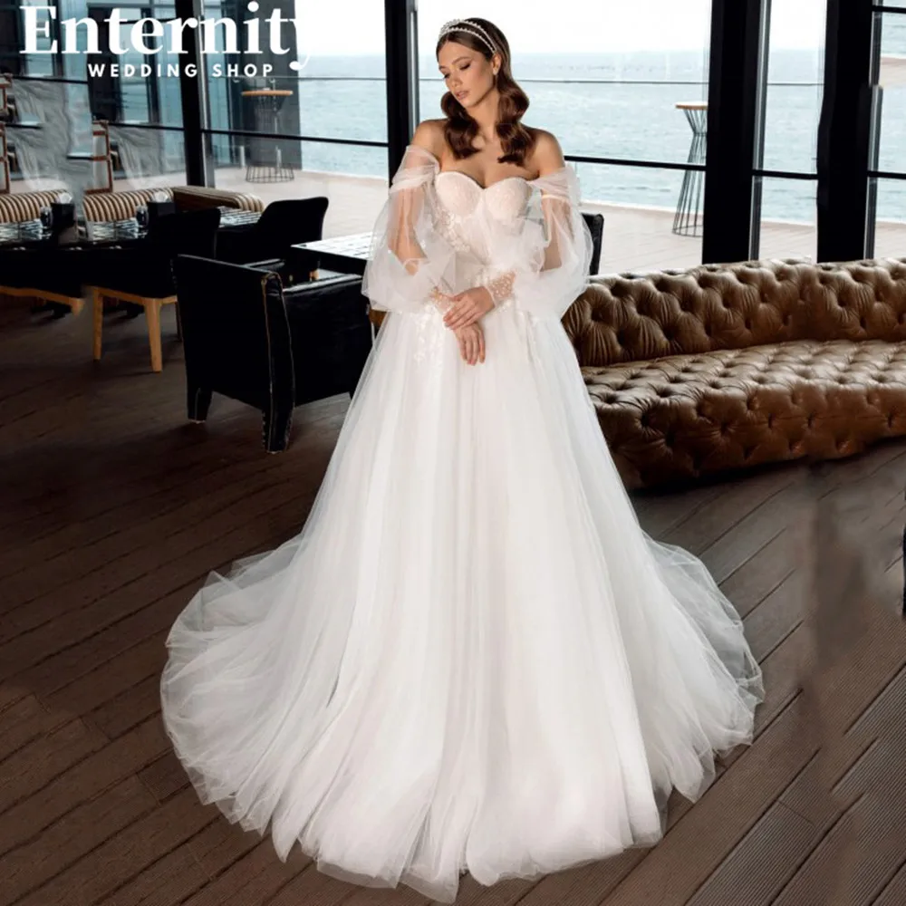 

Captivating Off The Shoulder Sweetheart Wedding Dress A-Line Bridal Gowns Appliques Lace Up Back Puffy Sleeves Vestidos De Novia