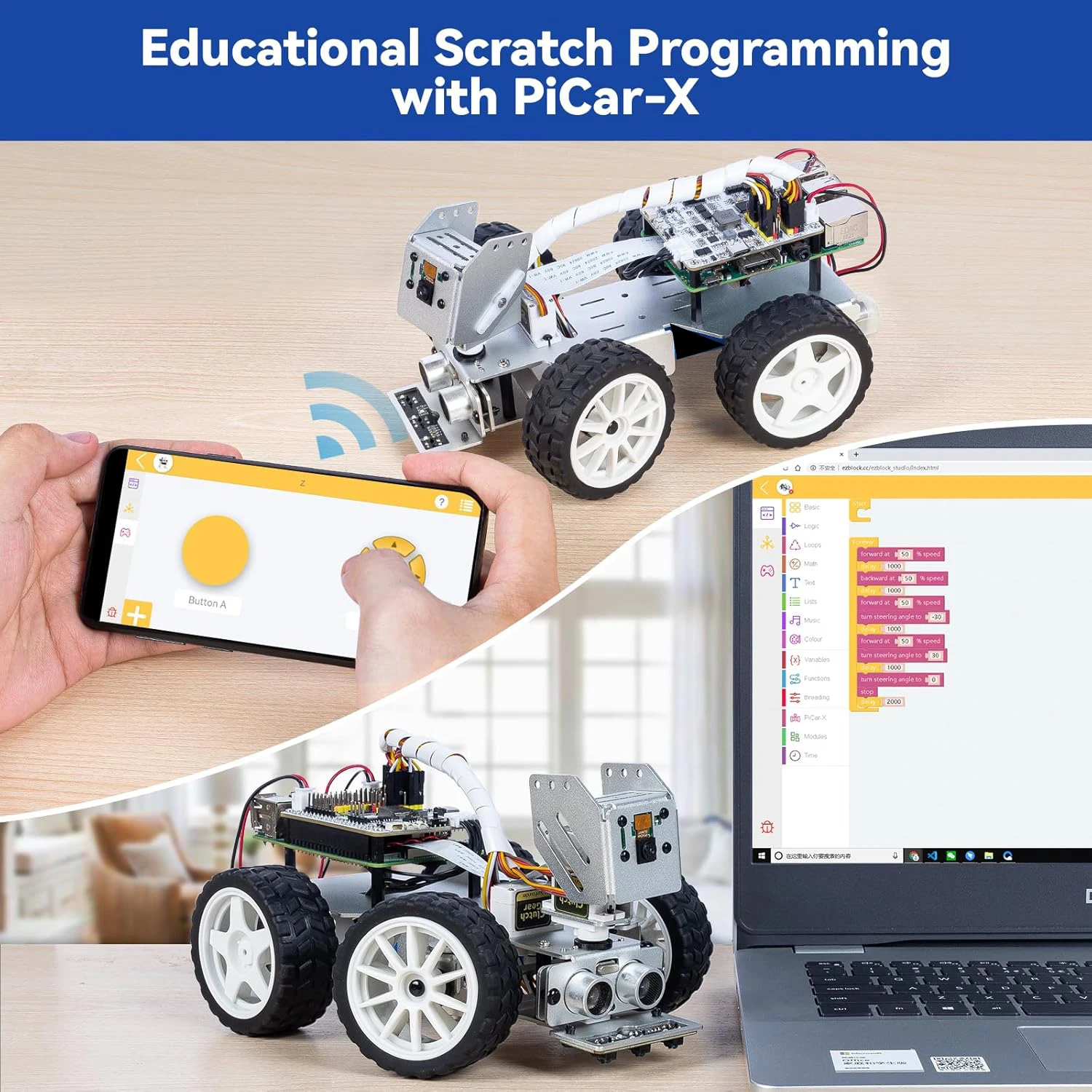 Kit de Carro Robô Inteligente CC SunFounder Picar-X AI para Raspberry Pi 5/4/3B+/Zero 2w, Openclaw LLMs ChatGPT/Gemini/Grok Python, Scratch