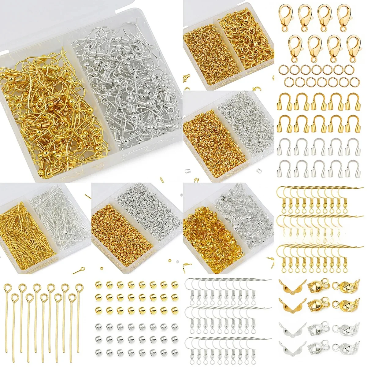 Pudełko Diy Materiały jubilerskie Akcesoria Zapięcie homara Pierścienie skokowe Kolczyki Kolczyki Zatyczka Zaciskane Rurka Koralik z klapką Płaska główka Szpilka z oczkiem — 2