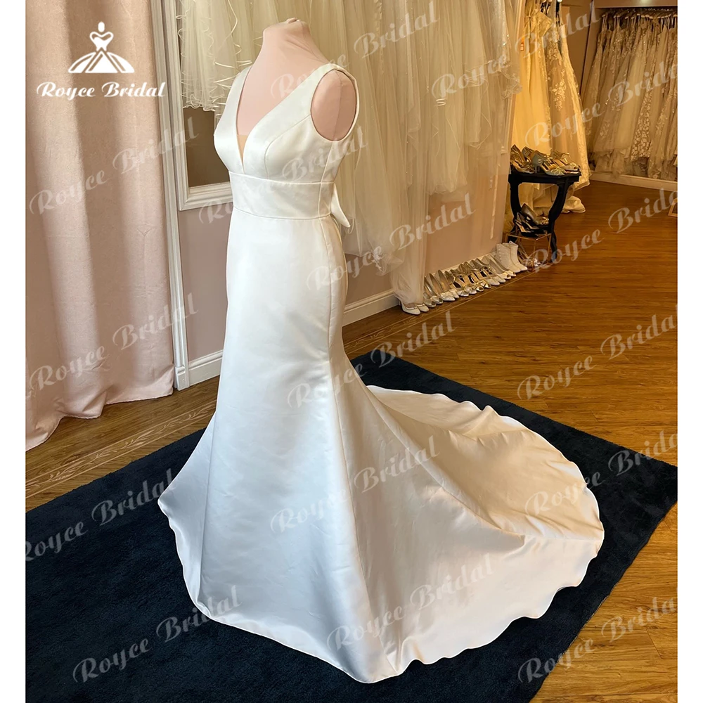 Einfache V-Ausschnitt von der Schulter zurück Knopf Bogen Satin Meerjungfrau Brautkleid für Frauen Boho Brautkleider Vestidos de Novia Robe de