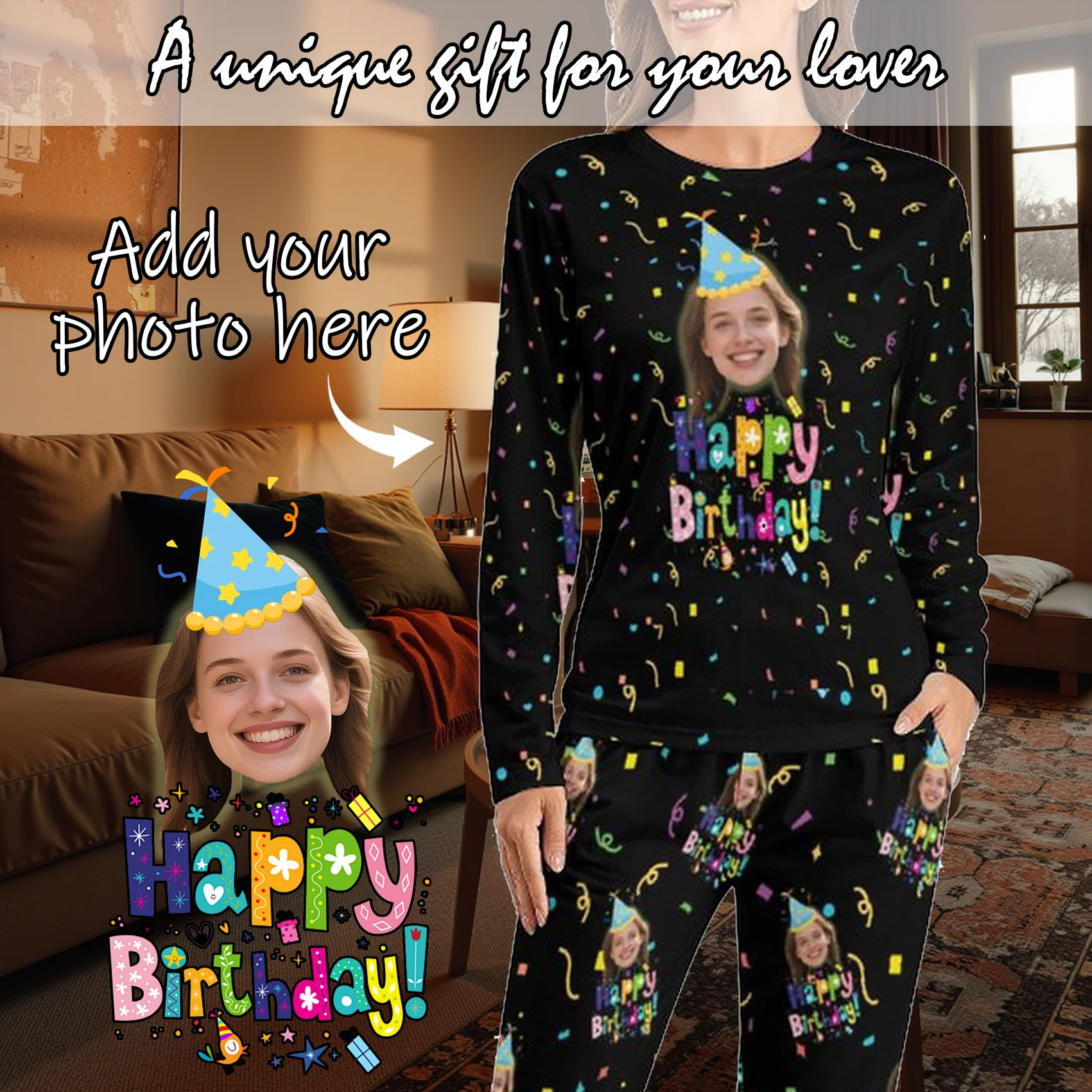 

Женские пижамы на заказ с лицом, домашняя одежда, женский пижамный комплект с длинными рукавами на заказ, индивидуальный подарок, семейная пара, домашнее животное