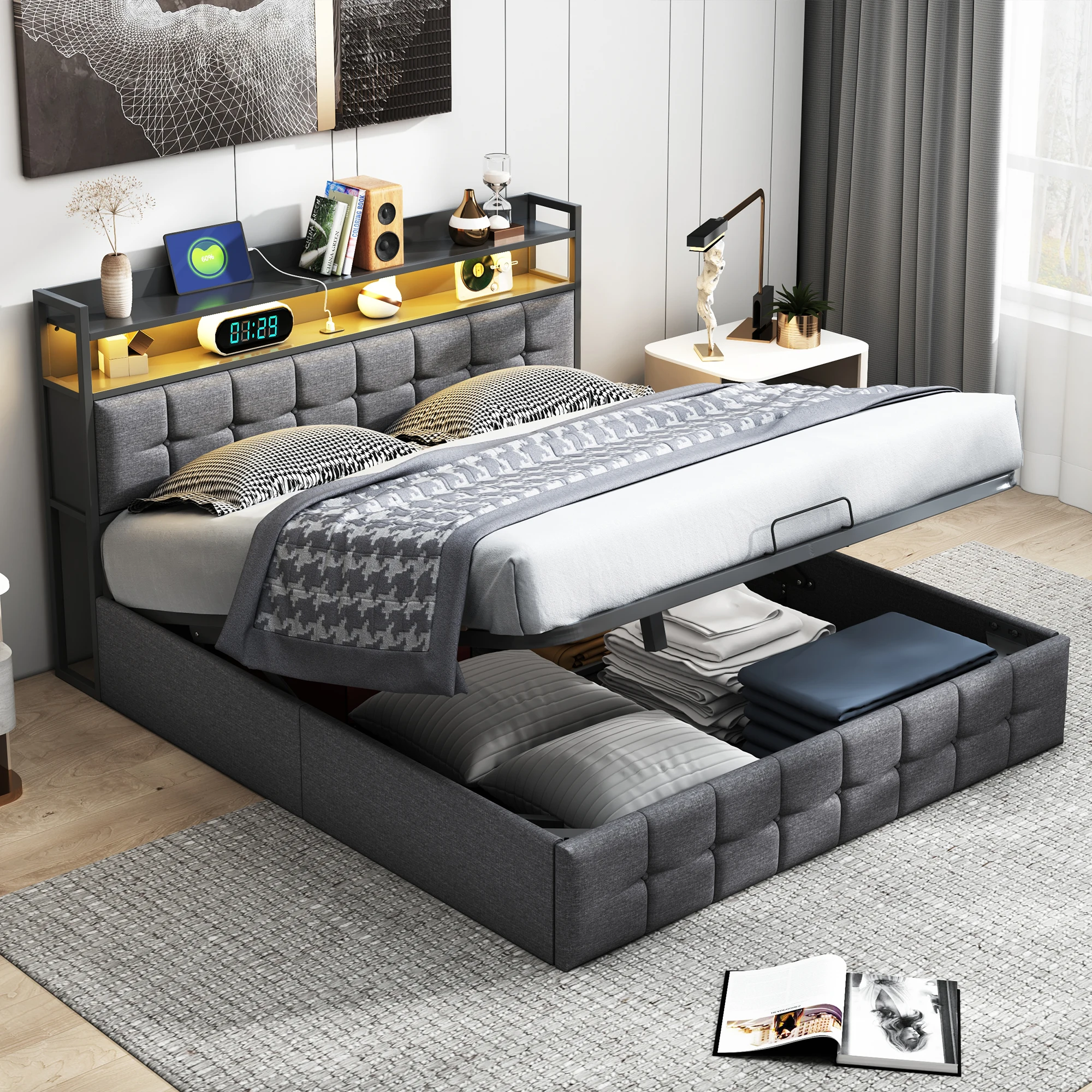 Rosahqnda kussenbed Gewatteerd hydraulisch bedframe Grijs Pu-linnen Hoofdeinde Linnen stof zonder matras - afbeelding 1