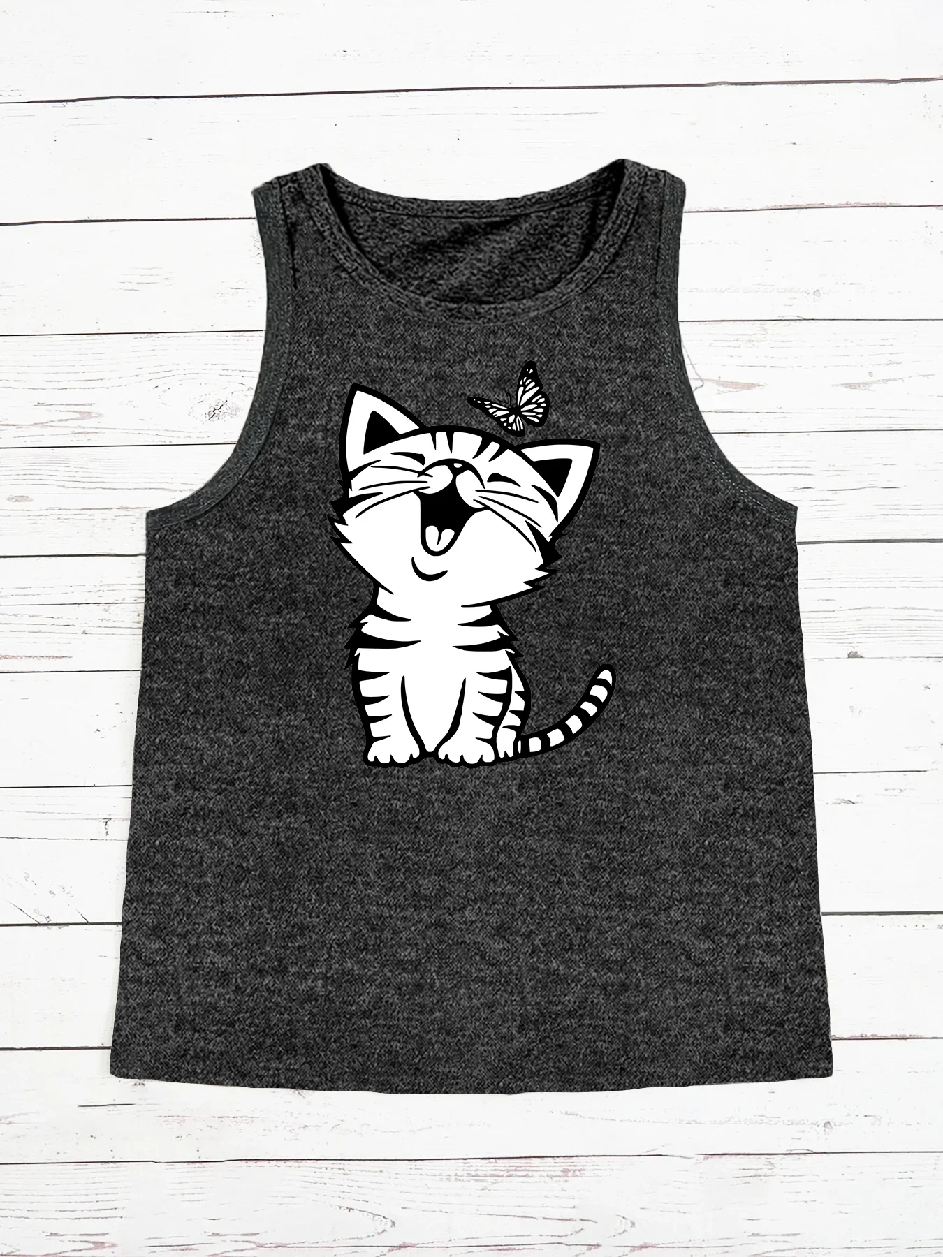 Funny Cat  And Kitten  Butterfly Play Summer Fashion Funny Sports Women's Tank Top Loose O Neck Sleeveless Casual Tank Top