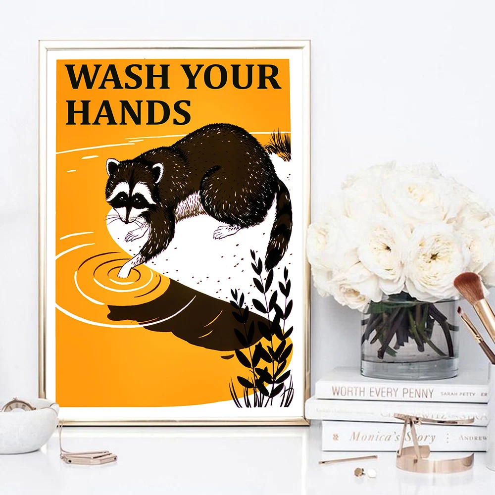 Vintage Poster Wash your Hands Sign Public Health Retro Wall Art Bathroom Canvas Print Kitchen Art Reccoon Animal Art Decor