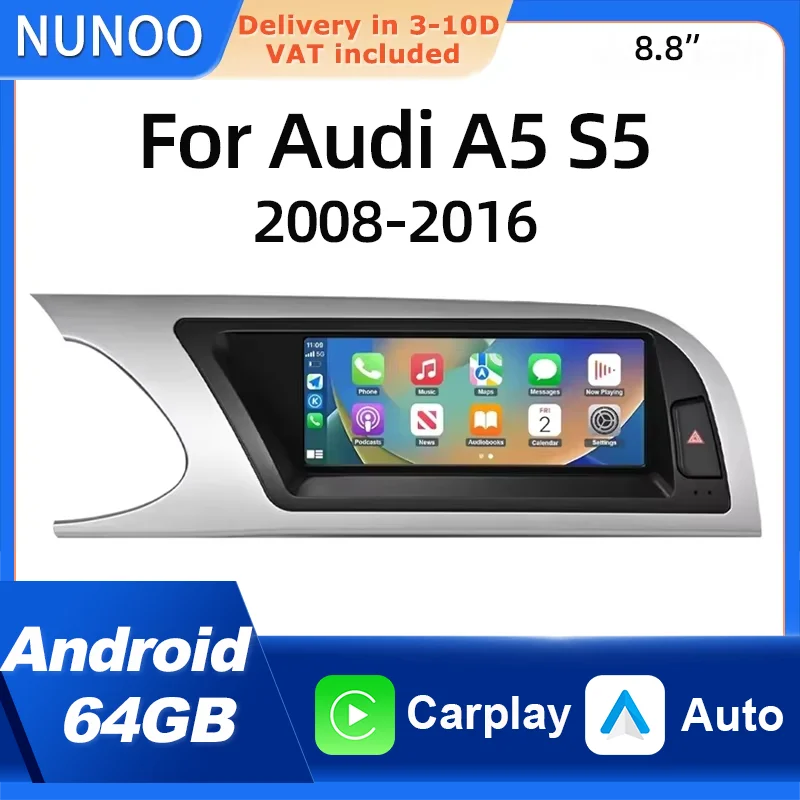 Pantalla Multimedia Inalámbrica con Carplay y Android Auto para Audi A5 S5 2009-2016, Sistema Inteligente de Navegación, Audio Estéreo, Android 14 1