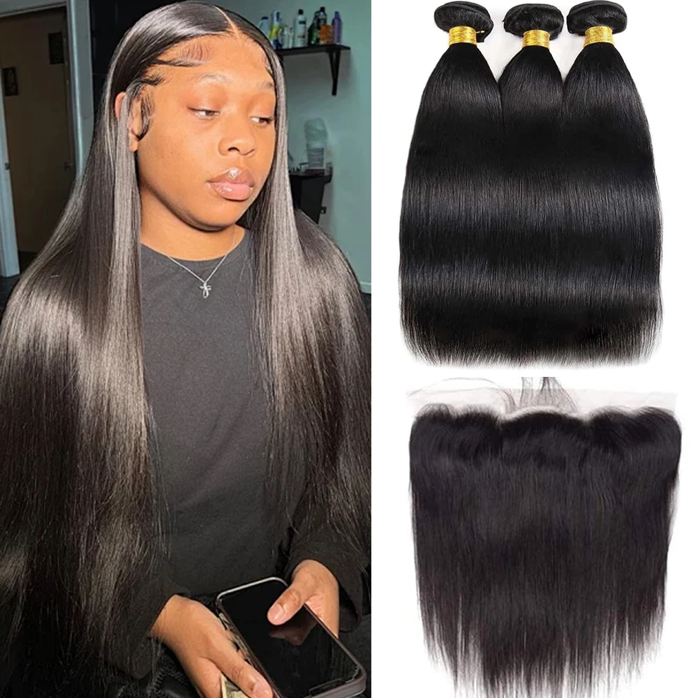 13x4 Straight Bundles With Frontal Brazilian Hair Weave Bundles With Closure 13x4 HD Transparent Frontal Hair Extension