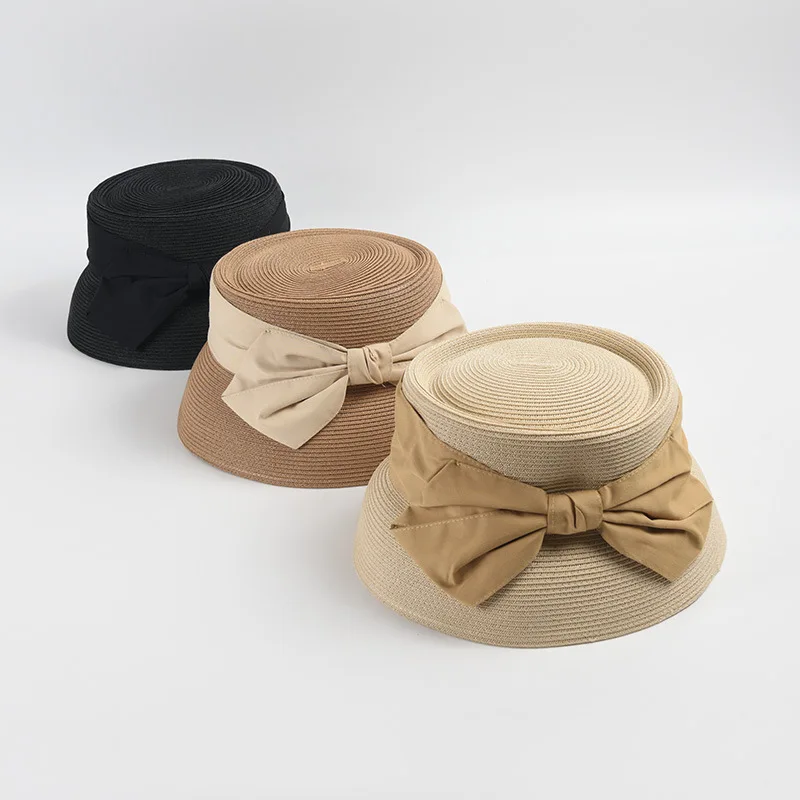 Men Women Chic Crochet Bucket Hat Bowknot Straw Fedoras Toyo Pork Pie Sun Hat Summer Beach Hat Wedding Church Hat UPF50 Foldable