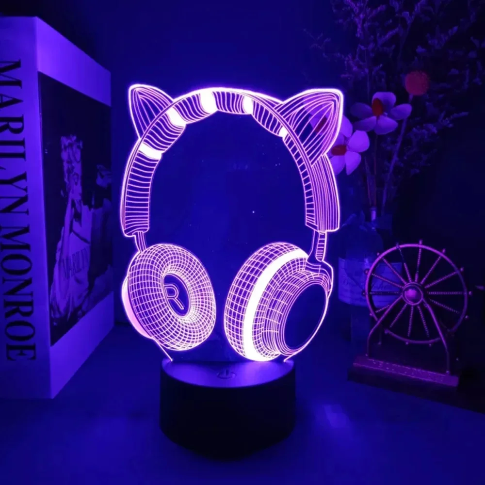 New Headphones 3D Illusion Night Light Headset Desk Setup Table Lamp Cool Game Console Room Decor Light for Kids Christmas Gift