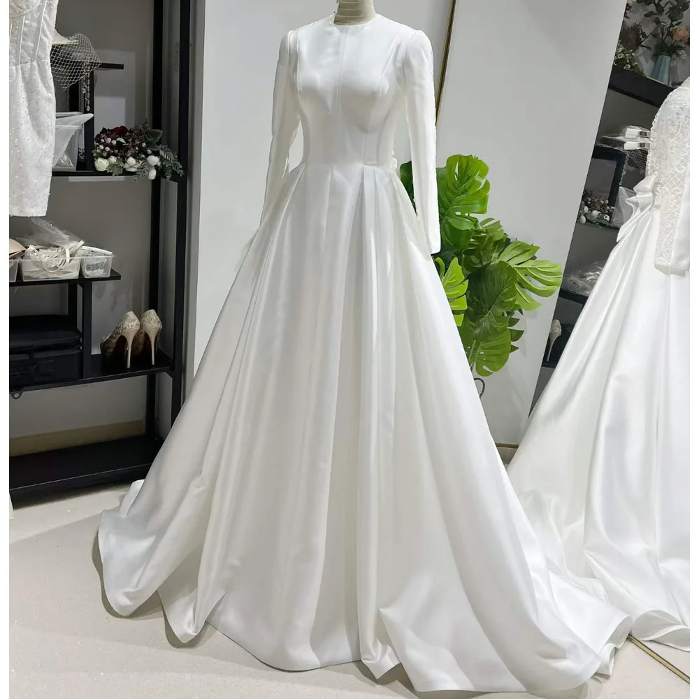 

Elegant Satin Wedding Dress A Line Long Sleeves Lace See Through Back Wedding Gowns For brides ...