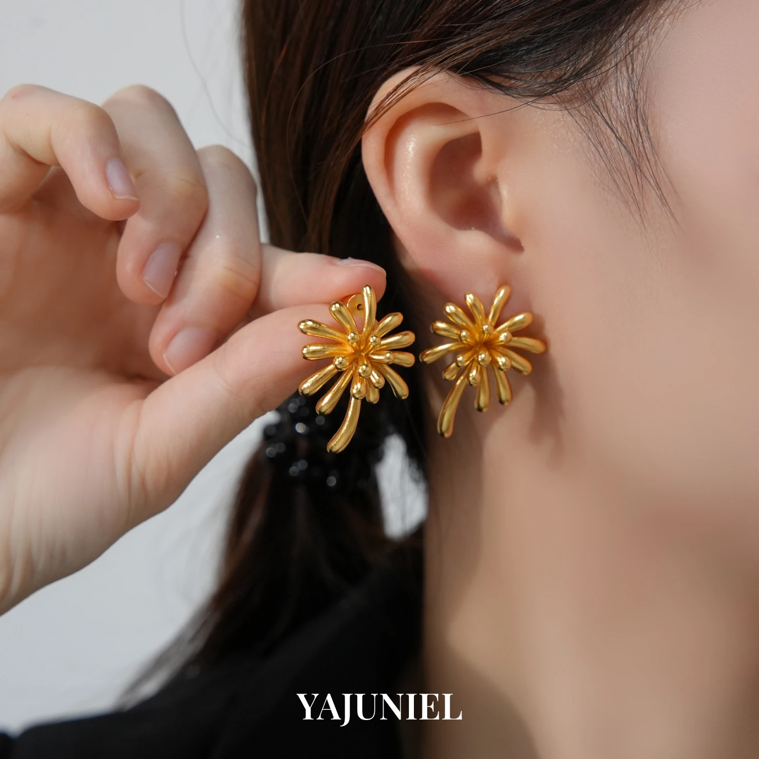 

YAJUNIEL 24K Gold Plated Coral & Firework Stud Earrings for Women Hypoallergenic Textured Floral Statement Earrings Jewelry Gift