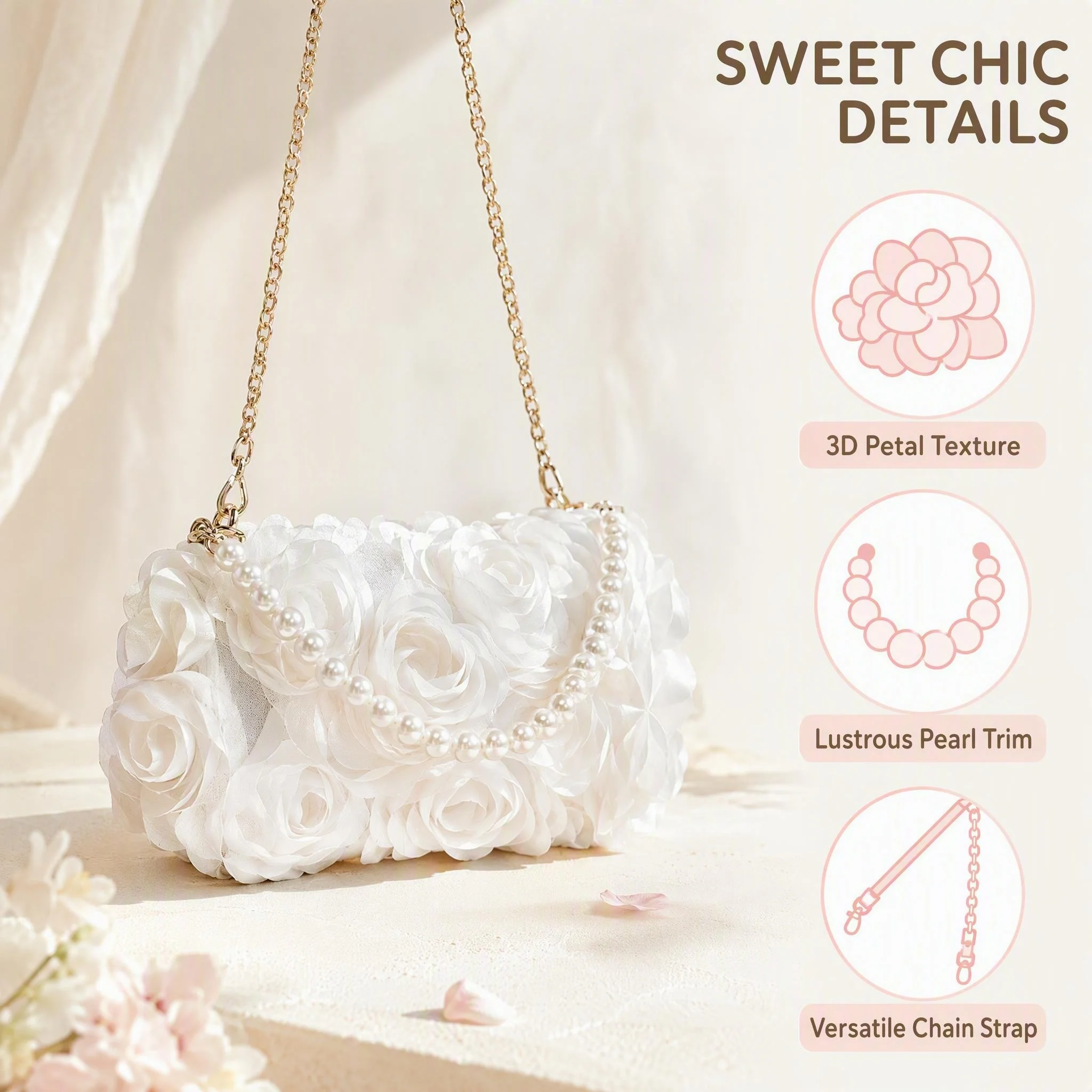 Elegant Rose Flower Print Crossbody Bag, Faux Pearl Handle Handbag, Cute Women's Wallet, Valentine's Day Gift, Dinner Party Bag, Bridal Bag (Random Pattern), Exquisite Floral Bag For Women