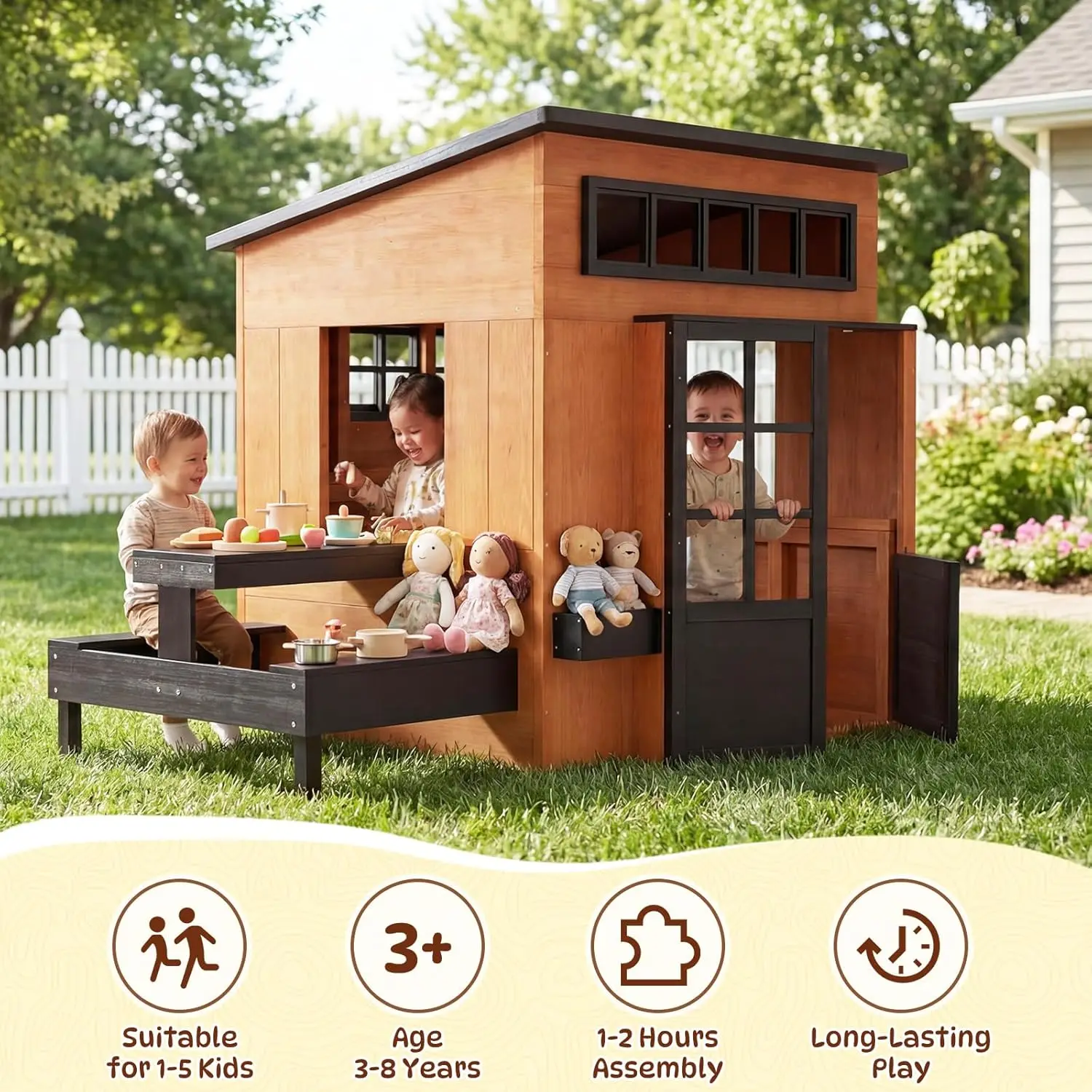 Nordivale Outdoor Playhouse Modern Fir Wood Kids Backyard Garden House with Play Kitchen Table Chalkboard Half Door Windows Flower Box Indoor Imaginative Pretend Play Toys for Boys Girls Ages 3-8