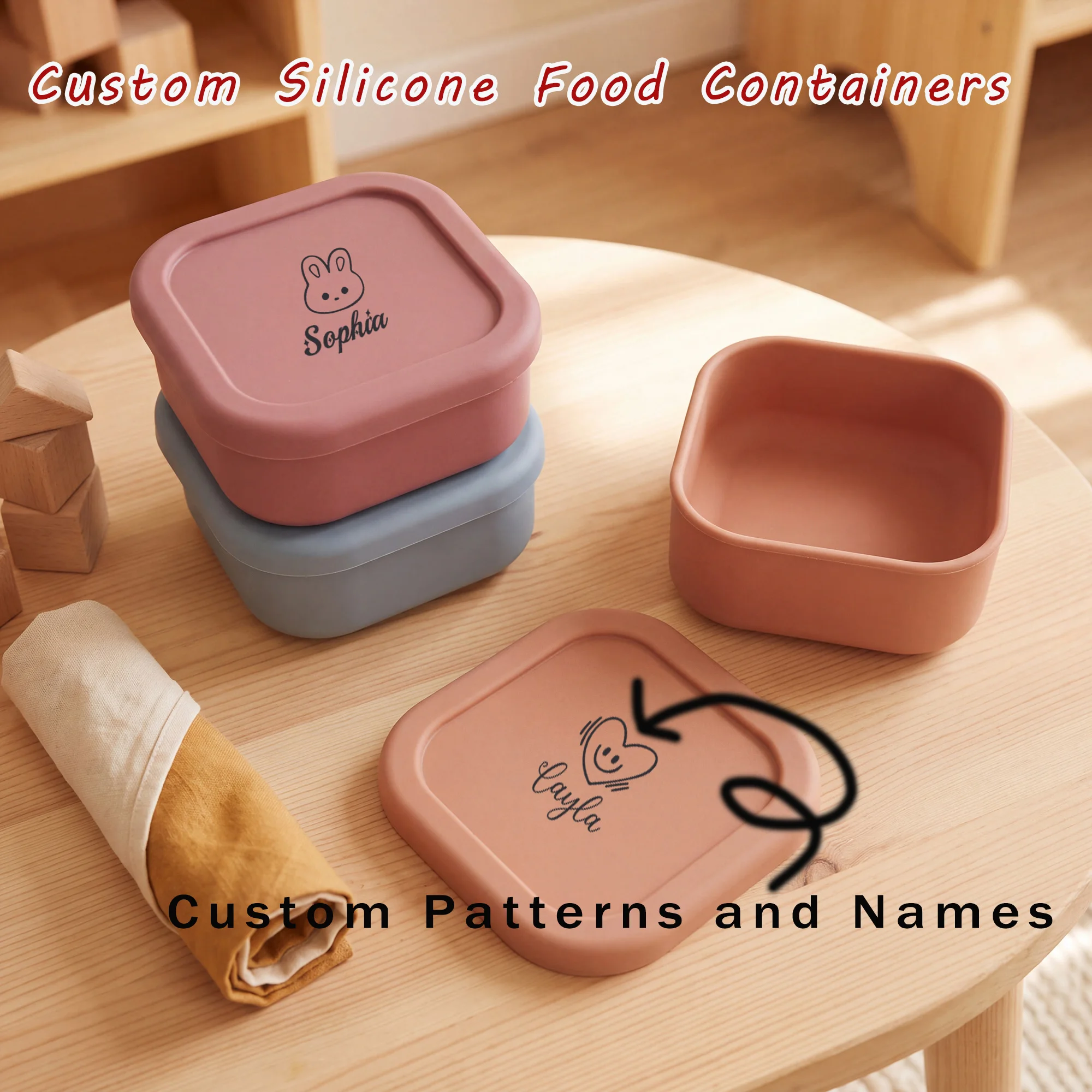 Personalized Silicone Baby Food Box Custom Name Pattern, BPA Free Leakproof Toddler Snack Storage Container with Lid