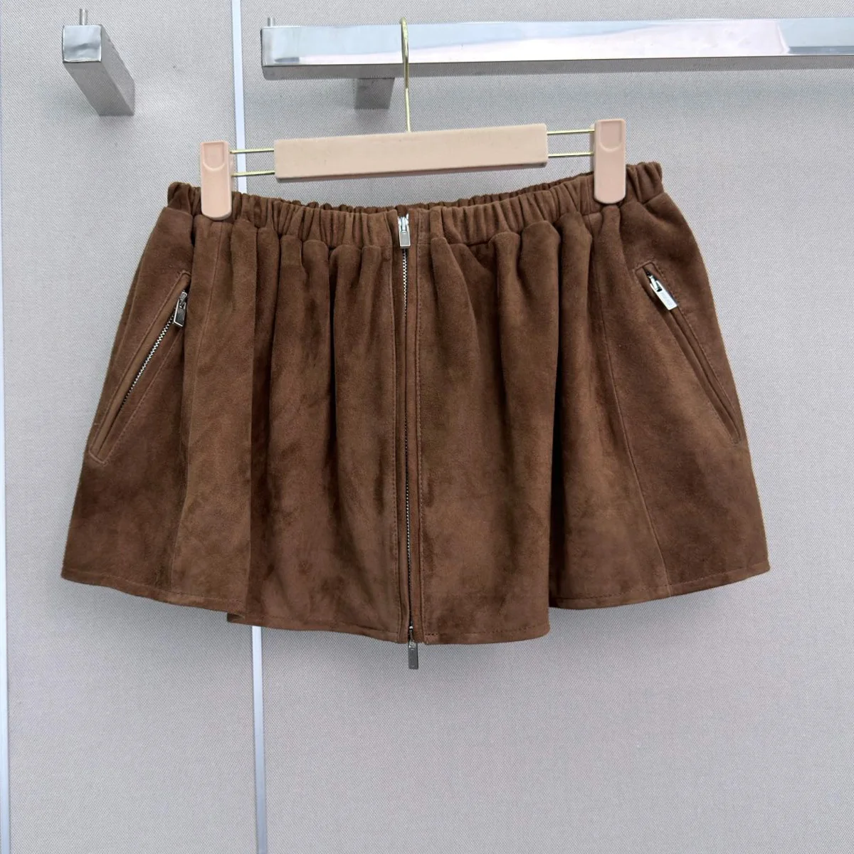 High Quality Women Elastic High Waist A-line Mini Skirt Full Zip Front Flared Short Skirt With Zipper Pockets lyt2672212