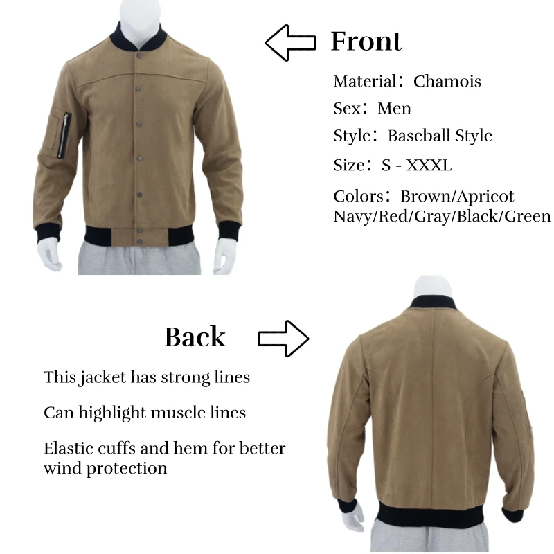 Baseall-Classic Suede Leather Jacket for Men, Casual Coat for Hiking, Camping, Cycling Fashion Stand Collar Outerwear, Autumn