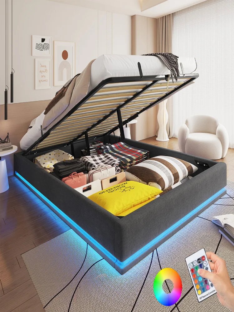Struttura letto matrimoniale 140x190cm con vano portaoggetti inferiore, LED RGB regolabili, letto multifunzionale per camera da letto e soggiorno