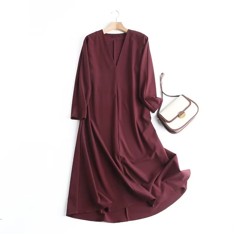 

Withered 2024 Spring Fashion Dress Simple Burgundy Color V-neck Office Lady Casual Midi Dress Women