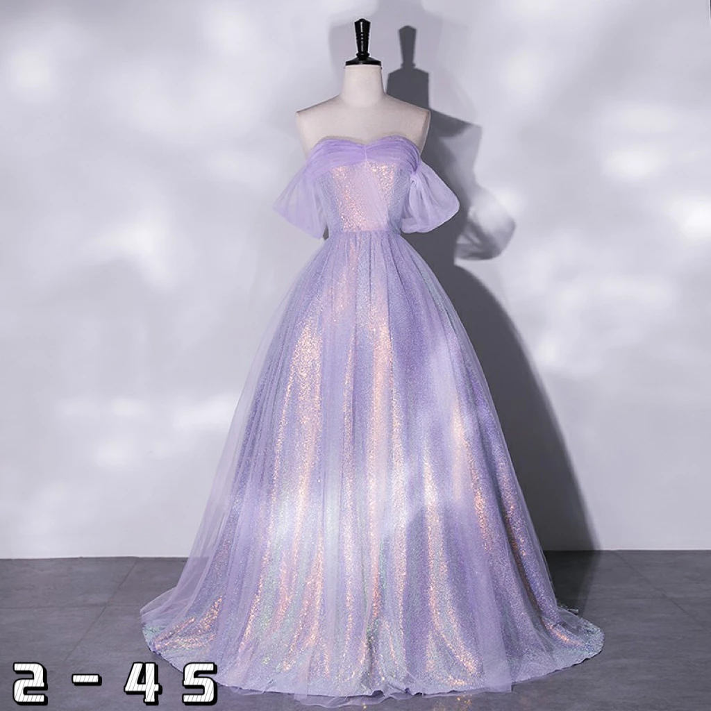 

Purple shiny fairy colored yarn one shoulder mesh slim dress