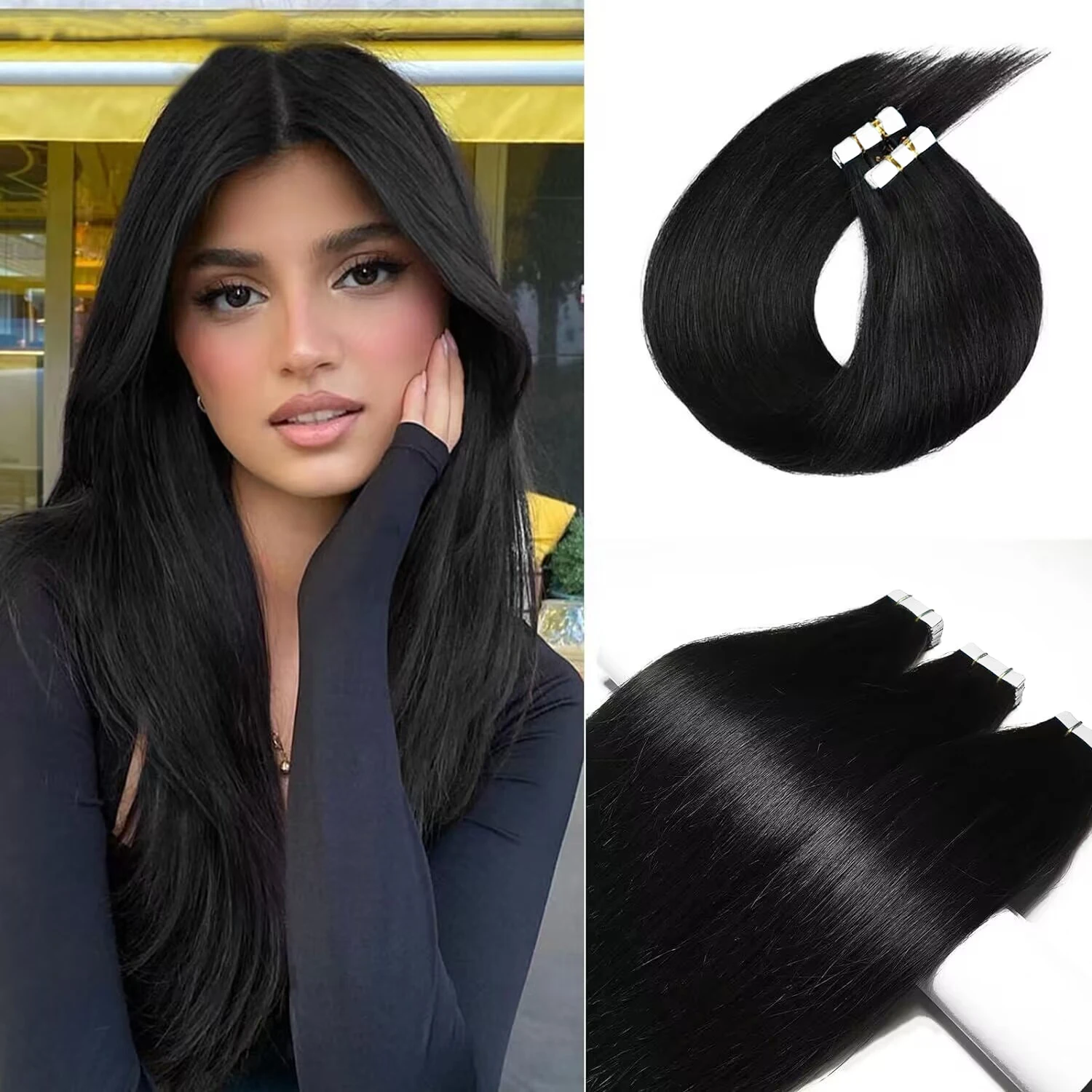 Tape in Hair Extensions Straight Brazilian Human Hair Adhesive Extensions Skin Weft Natural Black 100% Real Human Hair for Women