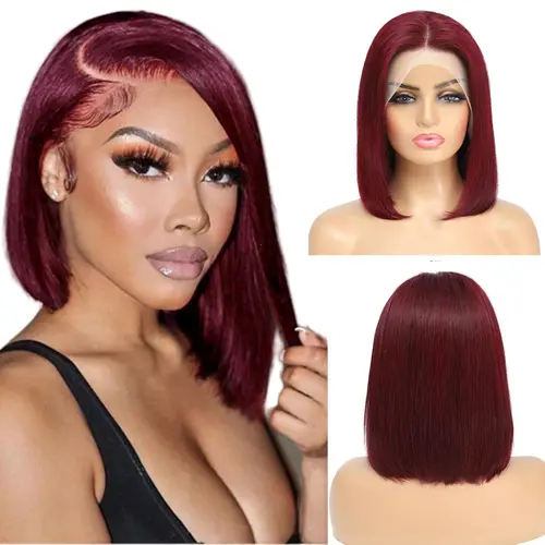 Imagen 2 del producto Borgoña 99J 220 densidad recto corto Bob 13x4 HD encaje Frontal pelucas de cabello humano brasileño prearrancado con pelo de bebé 12 16 pulgadas