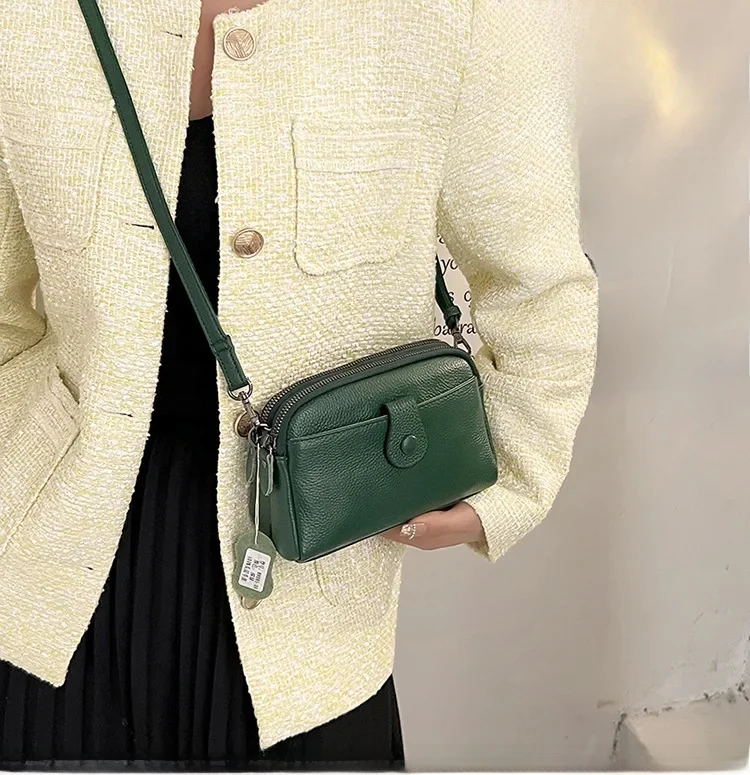 Na co dzień mała torebka ze skóry naturalnej modna wielofunkcyjna torba na telefon damski podwójny zamek błyskawiczny kieszeń Crossbody torebka z uchwytem — zdjęcie 2