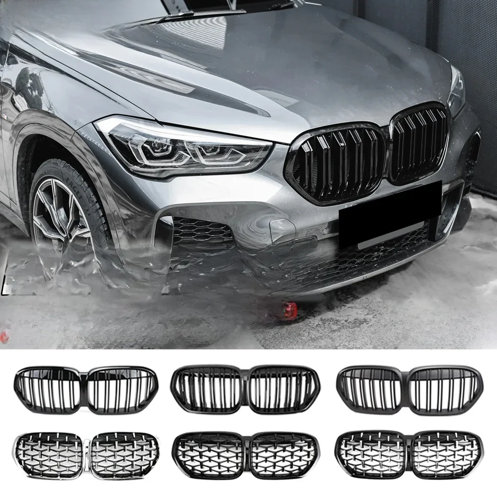Xvip Carbon Fiber Look Double Line Style Front Race Grills Voor Bmw X1 F48 Lci 2020-2022 Alle Zwarte Diamanten Stijl Bovenste Roosters - afbeelding 2