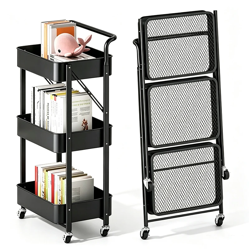 Foldable Rolling Storage Cart, 3 Tier Heavy Duty Metal Shelving Trolley With Lockable Caster Wheels, Compact Collapsible Design, Multi-scene Mobile Organizer For Kitchen, Bathroom, Dorm, Apartment, Craft Room & Laundry