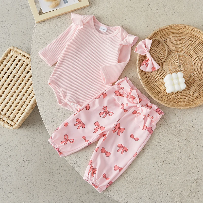 

Suefunskry Baby Girls 3Pcs Fall Outfits Long Sleeve Ribbed Solid Color Romper + Bow Print Belt Pants + Headband Cute Set