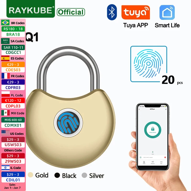 RAYKUBE PQ1 Smart Fingerprint Padlock IP65 Waterproof Tuya BLE Remote Unlock USB Charging Unlock Anti-theft Cabinet Door Lock