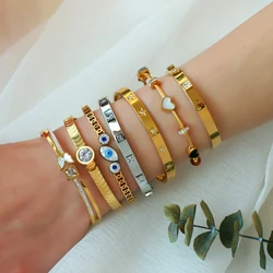 Vintage Lucky Evil Eye Stainless Steel Bracelets Summer Butterfly Heart Pearl Cuff Bracelets Women Statement Bangle Jewelry Gift