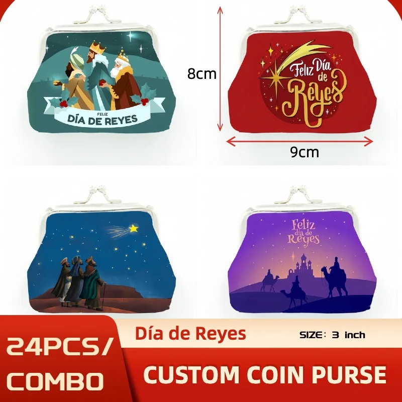 Custom Día de Reyes Coin Purse, 24PCS, Three Kings Epiphany Theme, PU Leather Wallet, Religious Souvenir, Gift Wholesale