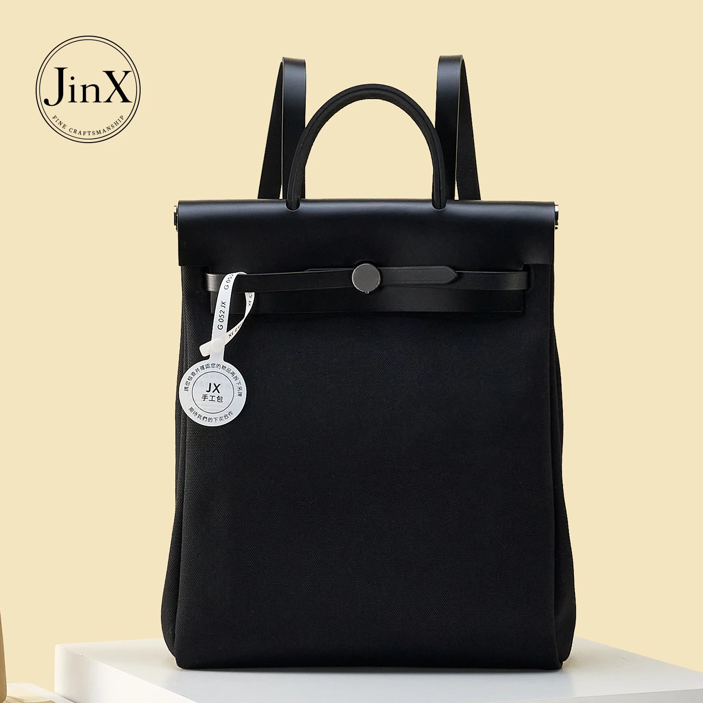 French Style Canvas Backpack for Women and Men, Vintage Leather Trim Drawstring Rucksack, Large Capacity Travel School Bag with
