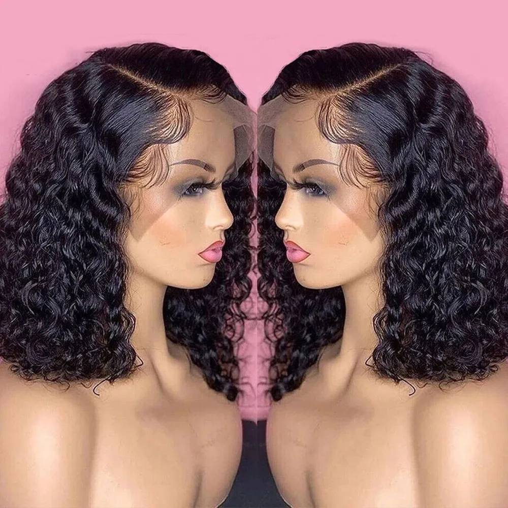 Side Part Brazilian Deep Water Wave Lace Frontal Human Hair Wigs 180% Transparent Water Curly Short Bob Wig Remy Wigs For Women