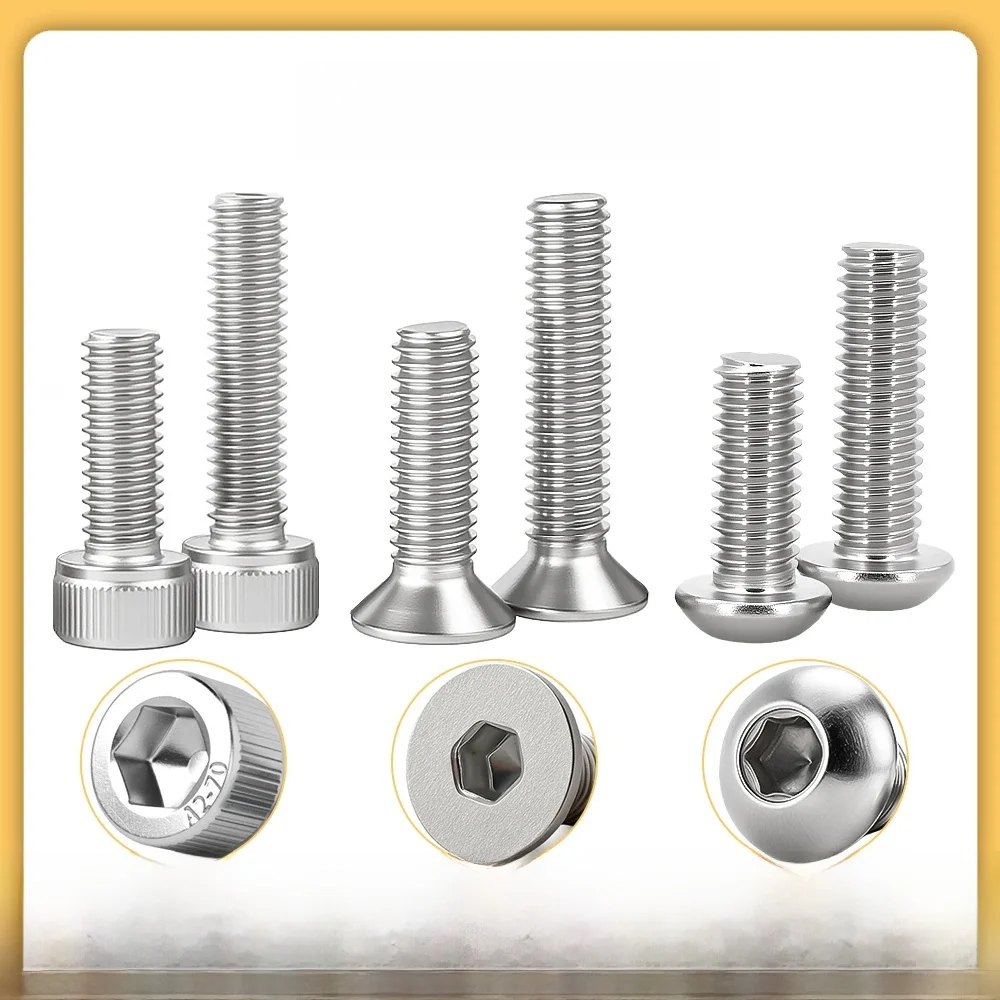 Innensechskantschraube aus Edelstahl 304, Gewinde, Metall, Maschinenschrauben, M3, M4, M5, M6, M8, DIN912, DIN7991, ISO7380, A2, sechseckige Inbusschrauben