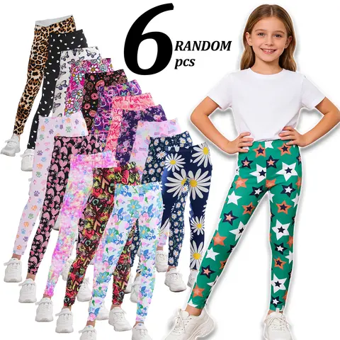 Random 6pcs Girls Stretchy Tight Pants Mix Designs Fashionable Children Flowers Prints Leggings New Year School Clothing Legging