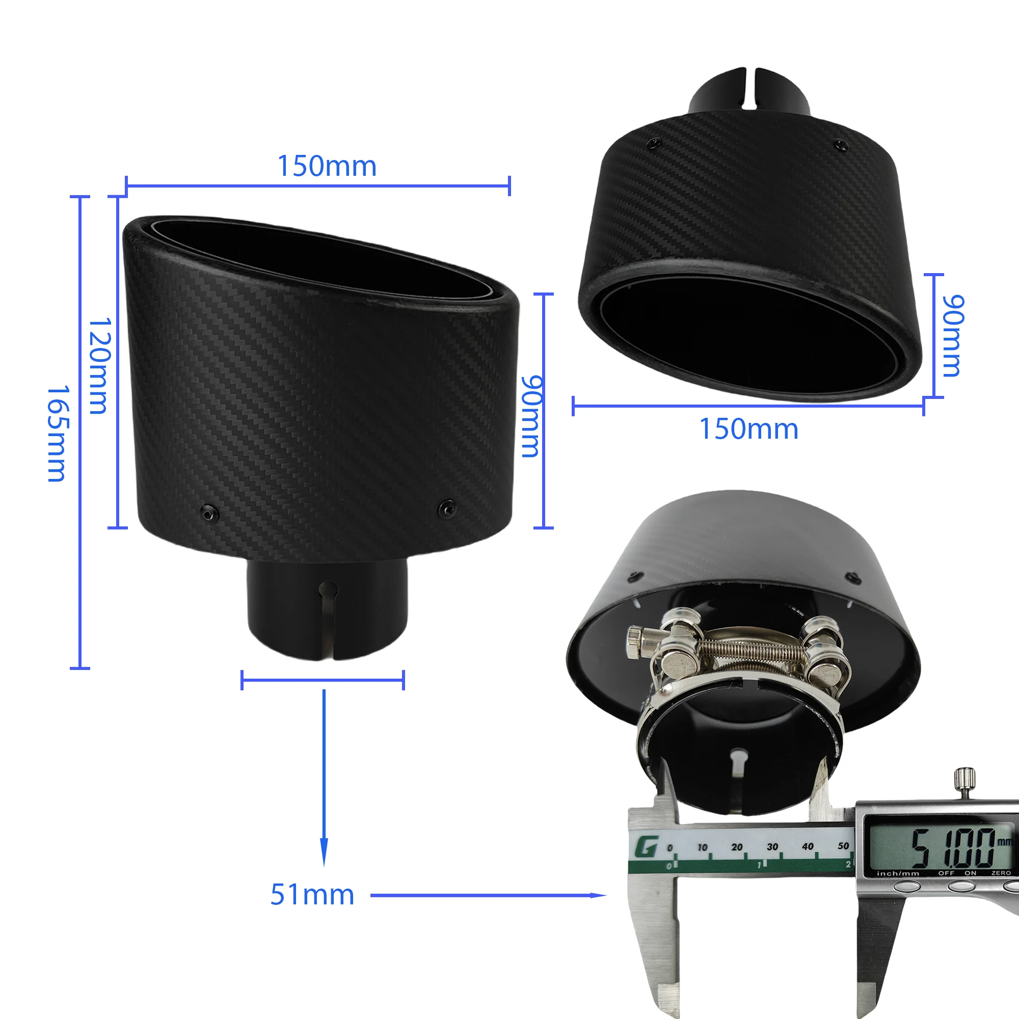 1 Stuks Universele Auto Matte Koolstofvezel Uitlaat Tip Uitlaatpijp Nozzle Decoratie Roestvrij Zilver Ovaal 150 Mm Kantelen links Rechts