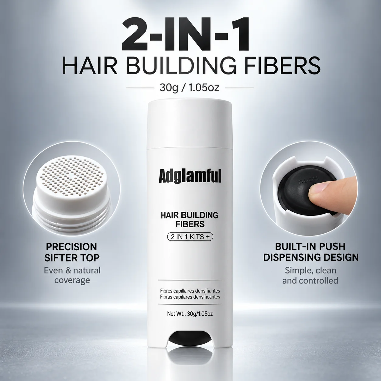 Adglamful Hair Building Fibers 30g, 2-in-1 Bottom Press Hair Fiber Powder with Multi-Hole Sifter for Fuller-Looking Hair