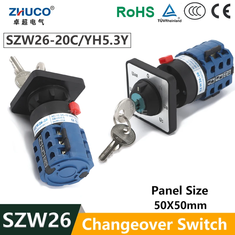 

Переключатель-клавишный ZHUCO SZW26/LW26-20C/YH5.3Y 20А, 3 полюса, 7 положений, с вольтметром, фиксирующий, с металлическим ключом